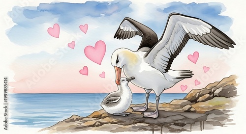 Watercolor illustration depicts a large seabird affectionately interacting with its chick perched on coastal rocks.