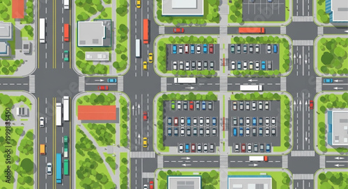 Aerial view of a busy city intersection with traffic and parking lots.