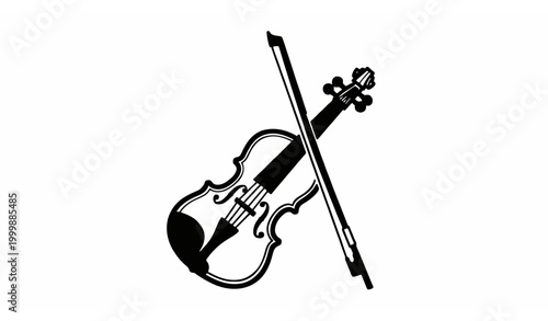 Violin with bow black and white vector icon angled classical music instrument illustration