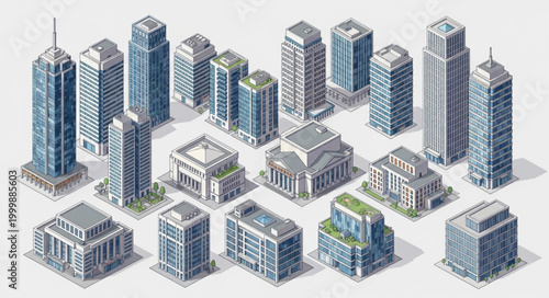 Collection of modern and classic city buildings isometric view.