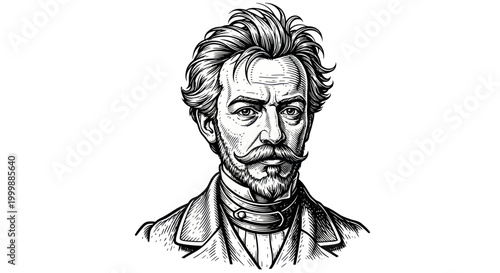 Victorian Man Portrait, Elegant Gentleman with Mustache, Vintage Sketch Style