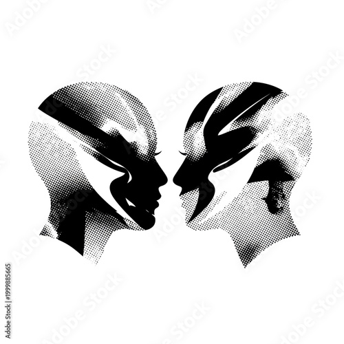 Abstract Black and White Heads Facing Each Other, Halftone Dot Pattern