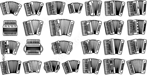 Music Industry Accordion Black and White Line Art Vector Set. Hand-drawn Outline Sketch Glyphs of Musical Instruments for Folk and Classical Concerts.