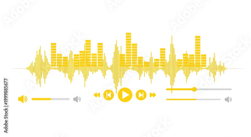 Yellow Sound Waveform and Equalizer Display with Playback Controls