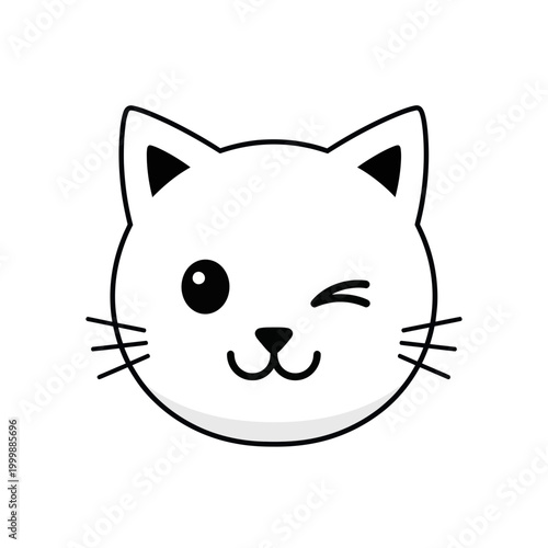 Cute White Cat Face Winking, Simple Line Art Icon, Kawaii Style
