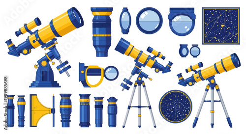 Astronomy Equipment Collection: Telescopes, Lenses, and Star Chart