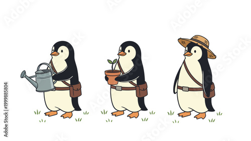 Three Cute Penguin Gardeners Illustration with Watering Can, Potted Plant, and Straw Hat