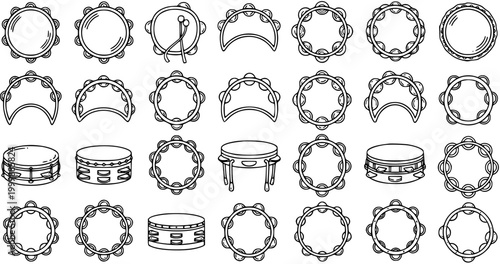 Music and Entertainment Industry Black and White Line Art Tambourine and Drum Icons Collection. Hand-drawn Percussion Musical Instruments Set.