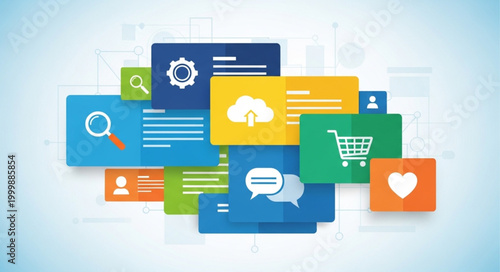 Digital application icons and symbols representing online services.