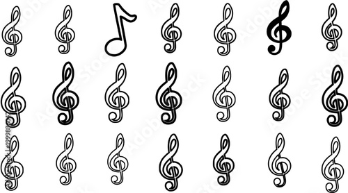Music Industry Black and White Outline and Solid Treble Clefs Collection with a Single Eighth Musical Note Glyph