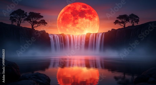 Enormous crimson celestial body illuminates a dramatic landscape featuring a cascading waterfall into a still pool
