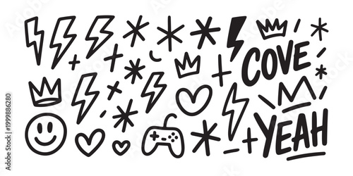 Set of hand drawn doodle elements vector collection of various symbols lightning stars crowns hearts game controller text.