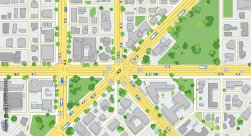 Aerial view of a city intersection with roads and buildings.