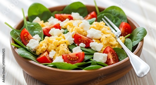 Warm, protein-rich scrambled eggs and cheese topping fresh spinach and tomato salad in a wooden bowl