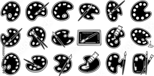 Black and White Line Art Icons of Art Palettes and Paint Brushes for Creative Industries