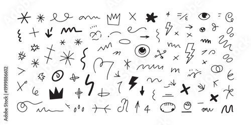 Large set of hand drawn doodle elements, black handwritten lines, arrows and symbols on transparent background.