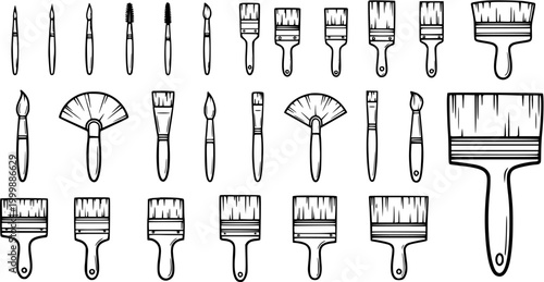 Black and White Line Art Collection of Assorted Paint Brushes for Art and Craft