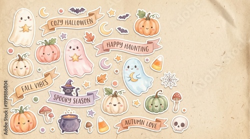 Cute watercolor Halloween/autumn stickers: ghosts, pumpkins, banners