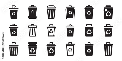Collection of recycle bin icons in various shapes and designs for waste sorting and disposal.