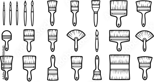 Art and Painting Brushes Black and White Line Art Icon Set. Diverse Paintbrush Collection for Artists, DIY, Craft, and Home Improvement Vector.