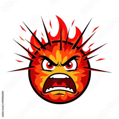 Furious Sun Emoji Face, Angry Fiery Character, Cartoon Illustration