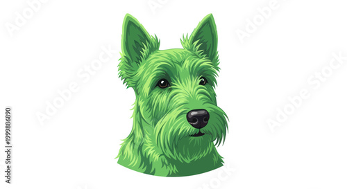 Green Scottish Terrier Dog Portrait, Whimsical Pet Illustration