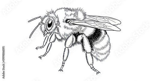 Detailed line drawing of a fuzzy bumblebee on a white background, insect illustration