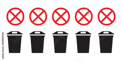 Rubbish bin silhouette with red prohibition symbols on transparent backdrop for stop littering project design.