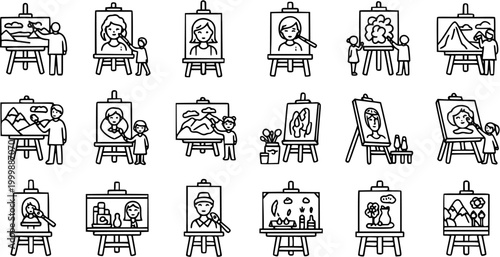 Art  Painting Line Art Icons: Set of Artists, Painters, Easels, Canvases, Portraits, Landscapes, and Supplies in Black and White Outline Glyph Style.