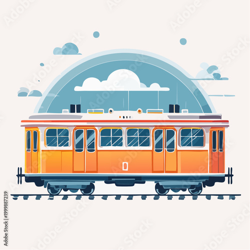 Vibrant Orange Tram Car Traveling on Tracks Under a Cloudy Sky