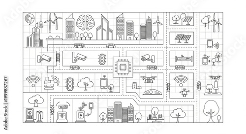Detailed architectural blueprint of a modern city plan with various buildings and infrastructure elements.
