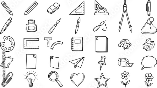 Education, Office, and Art Supplies Doodle Icons Set - Hand-drawn Black and White Line Art Collection for School and Creative Projects.