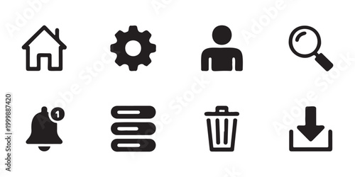 Collection of universal icons for web and mobile interfaces home gear user search bell message trash download simple shapes.