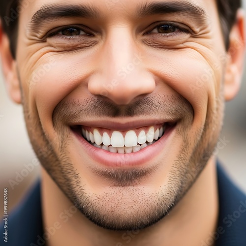 Close up portrait captures a man displaying a broad, confident smile with perfect white teeth