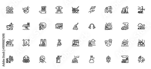 Pollution icon set. Environmental vector icons. Minimalist line art pack. Includes symbols for city, chemical, nuclear, oil spill, deforestation, air pollution, global warming, waste and more.