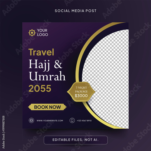 Hajj Umrah Travel Poster Template Design with Purple Luxury Gold