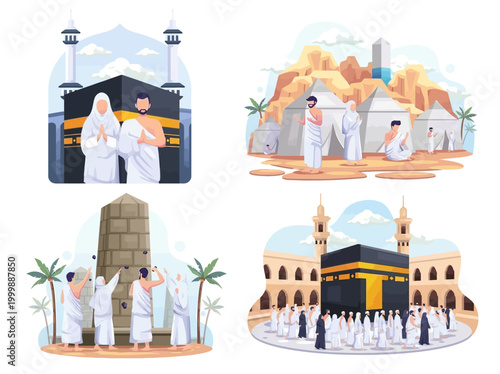 Hajj Pilgrimage Rituals with Kaaba Tawaf Ihram Tents and Jamarat Stoning