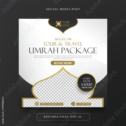 Muslim Tour Travel Umrah Package Social Media Design Template White Clean Grey