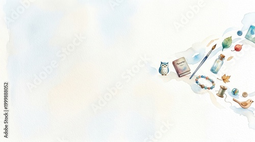 Whimsical watercolor owl, book, brush, leaves, tools float on pale background