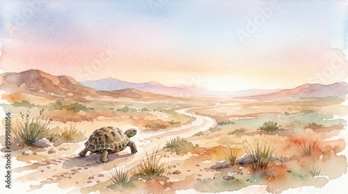 Tortoise slowly walks on a dusty desert trail, passing sparse plants, with mountains at sunrise