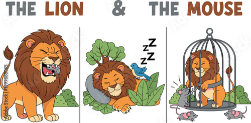 Lion and mouse fable illustration showing story sequence of kindness rescue and friendship concept with cute cartoon animals isolated on white background.