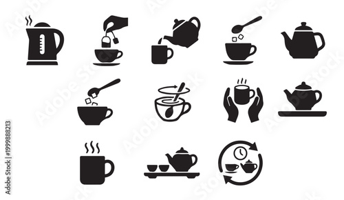 Photos Set of coffee and tea brewing process icons with beverage preparation steeping