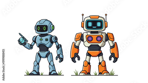 Two Friendly Cartoon Robots Illustration. Futuristic AI Characters Standing, Technology and Innovation Vector Art.
