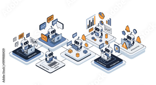 Robots working together in a digital network.