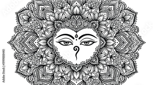 Abstract geometric artistic composition featuring a meditating Buddha silhouette.