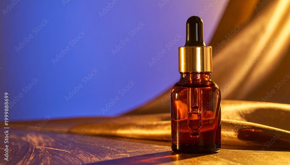 Naklejka premium Amber glass dropper bottle with gold cap, symbolizing luxury, skincare, and product design.