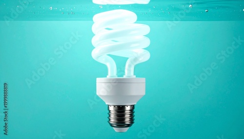 A spiral compact fluorescent bulb floating on turquoise, symbolizing energy efficiency and modern lighting technology.