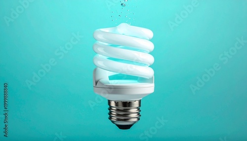 A spiral compact fluorescent bulb floating on turquoise, symbolizing energy efficiency and modern lighting technology.