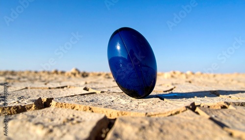 A glossy blue capsule on cracked desert ground, symbolizing contrast between technology and barren nature.