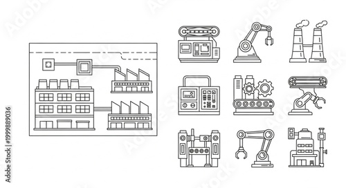 Industrial factory automation and robotic arm icons.